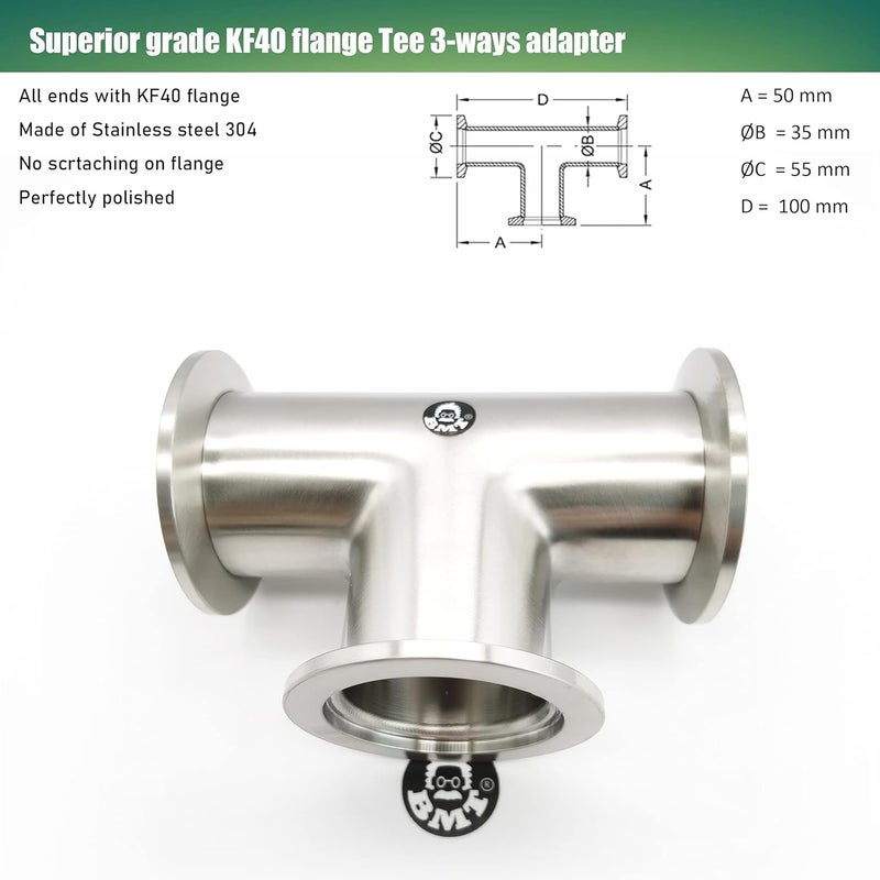 BROWNIAN MOTION TECHNOLOGY bmotiontech Superior Grade - KF40 Tee 3-Ways Vacuum Adapter, All Ends with KF-40 (NW40) Flange, Made of Stainless Steel 304, Finely Polished - Image 2